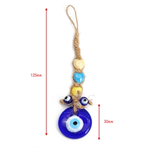 Detailed size view of the 125mm evil eye charm with blue glass heart beads