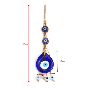 Detail view of Evil Eye glass pendant with dimensions 140mm by 35mm and woven cord