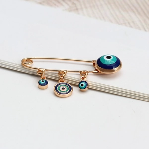 Détails de la broche épingle à nourrice Evil Eye dorée avec pendentifs en émail