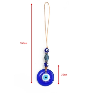 Macro detail of Turkish Evil Eye glass pendant showing 150mm length and 30mm diameter