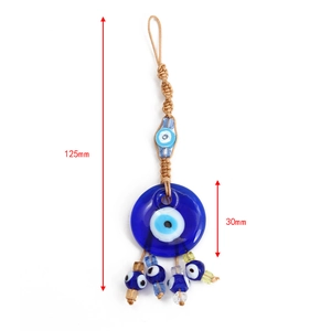 Macro detail of 30mm evil eye glass pendant with dimensions and woven rope cord