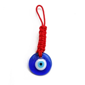 Turkish blue evil eye keychain with red braided rope and glass nazar protection charm