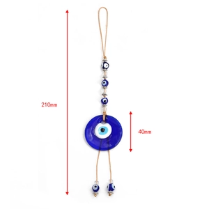 Macro view of blue Evil Eye glass pendant with dimensions 210mm length and 40mm diameter