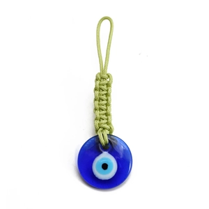 Detailed view of woven rope cord and traditional blue glass Evil Eye pendant