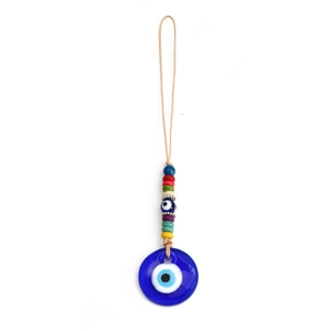 Handmade blue glass Evil Eye hanging ornament with colorful beads on a brown braided rope