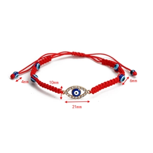 Detailed size view of red evil eye bracelet with dimension markings and adjustability