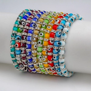Handmade Evil Eye Glass Bead Bracelet For Women Rhinestone Metal Spacers Elastic Bohemian Nazar Protection Jewelry