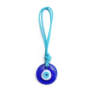 Detail of blue glass evil eye lucky charm pendant with light blue braided rope knot