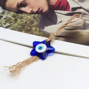 Blue glass evil eye star keychain with rustic jute rope for car and bag accessory