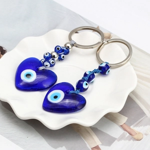 Blue Evil Eye heart keychain set with glass charms and silver metal ring for car keys