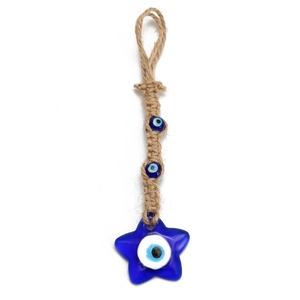 Macro detail of handmade braided rope charm with blue star-shaped evil eye glass pendant