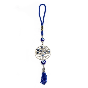 Porte-clés Arbre de Vie bleu avec mauvais œil et pompon pour accessoires de voiture