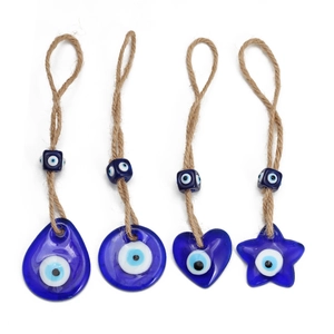 Set of 4 handmade evil eye glass pendants with star and heart shapes on hemp ropes