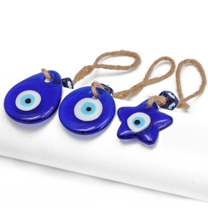 Three teardrop, circle, and star shaped glass Evil Eye charms with natural hemp ropes