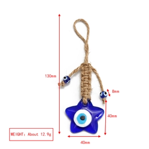 Detail view of blue star Evil Eye pendant with rope showing 130mm size and 12.9g weight
