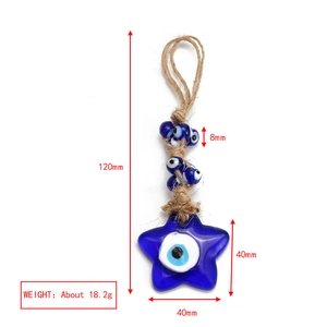 Star-shaped blue evil eye charm with hemp rope and bead details showing size specifications