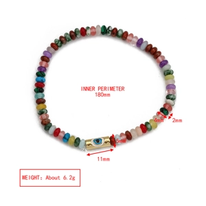 Macro detail of multi-color beaded evil eye stretch bracelet with golden charm and dimensions
