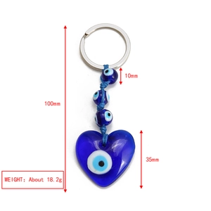 Blue heart evil eye keychain with measurements showing 100mm length and 35mm width