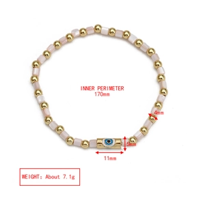 Detail showing dimensions of beaded evil eye bracelet with pink and golden beads