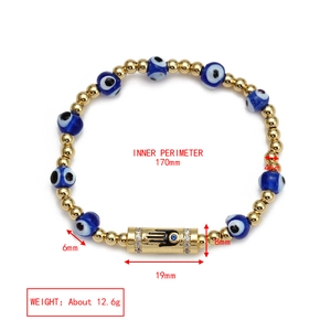 Detail of evil eye bead bracelet with Hand of Fatima charm and size measurements