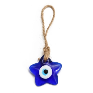Detailed view of blue star-shaped glass evil eye pendant with natural hemp rope loop