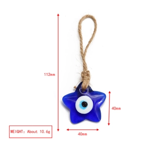 Star-shaped evil eye glass charm with hemp rope hanger, measuring 112mm in total length