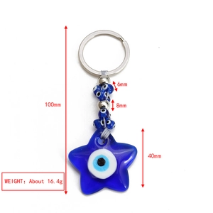 Detailed view of blue star evil eye keychain with measurements and bead sizes
