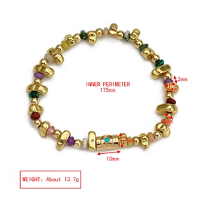 Detailed view of colorful beaded bracelet with evil eye charm and product dimensions