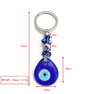 Detail view of Evil Eye keychain showing dimensions 97mm length and 30mm width