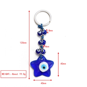 Detailed view of blue star evil eye keychain with measurements showing 120mm total length
