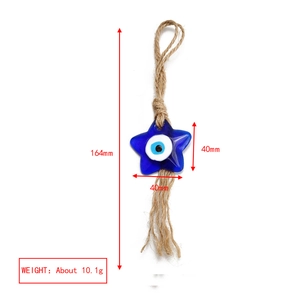 Macro detail of star evil eye pendant with natural hemp rope and tassels showing dimensions