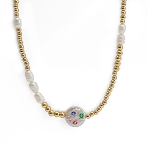 Collier fait main avec perles baroques, perles dorées et pendentif œil maléfique coloré