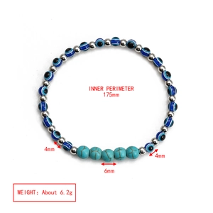 Detailed dimensions of blue evil eye beaded bracelet showing bead sizes and circumference