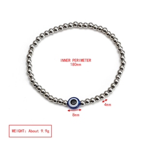 Detail view of evil eye beaded bracelet showing 180mm length and 4mm silver bead size