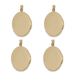 Detailweergave van vier gouden ovale medaillon hangers met zijscharnieren voor foto's