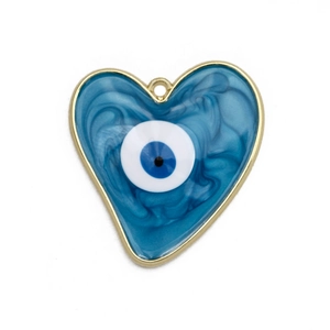 Blue heart pendant with evil eye motif and gold metal frame for DIY jewelry making