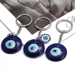 Set of 3 blue evil eye resin keychains with silver metal rings for car keys or bags