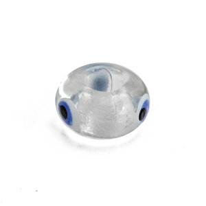 Macro view of transparent glass evil eye bead with a central hole for DIY jewelry