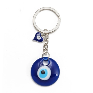 Blue glass evil eye keychain with heart charm on silver ring for car keys