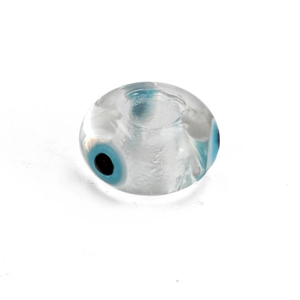 Macro shot of glass Evil Eye charm bead with center hole for DIY jewelry making