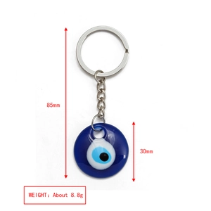 Evil Eye keychain detail showing dimensions 85mm length and 30mm width on white background