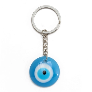 Blue Evil Eye keychain pendant with silver metal ring and circular resin charm design