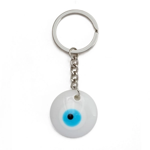 Detailed view of the Evil Eye keychain with a silver metal ring and blue resin pendant