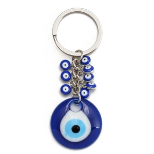 Blue evil eye keychain featuring one large and eight small alloy drop oil pendants