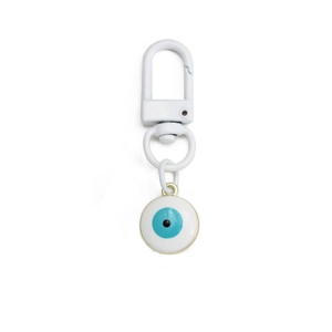 Detailed close-up of blue evil eye enamel charm with a white lobster clasp for keychains