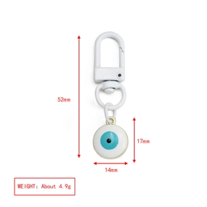 Detail showing the Evil Eye keychain dimensions with lobster clasp and blue charm