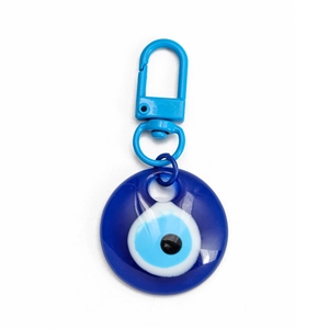 Blue Evil Eye resin keychain with round pendant and matching plastic spring clasp hook