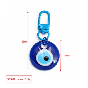 Blue Evil Eye keychain dimensions showing 63mm total length and 30mm diameter
