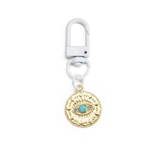 White plastic spring hook keychain with golden evil eye pendant and turquoise stone inlay
