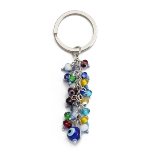 Colorful Evil Eye bead keychain with silver metal ring on white background